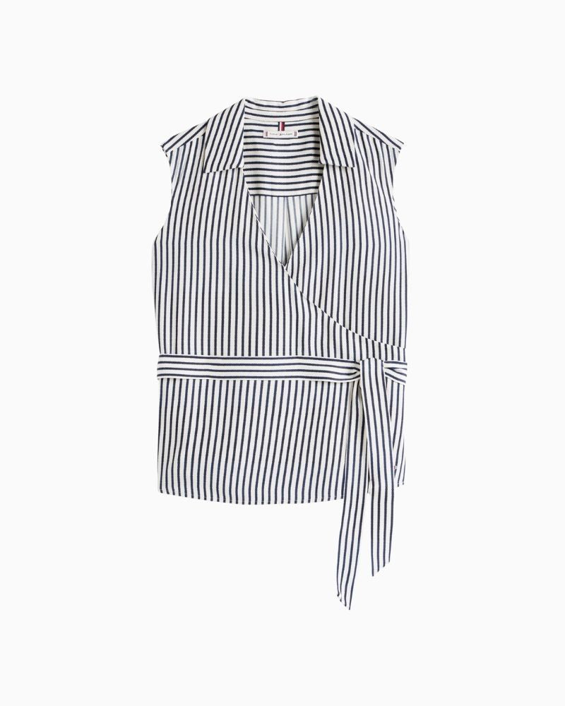 Tommy Hilfiger navy viscose wrap top with waist tie and long sleeves