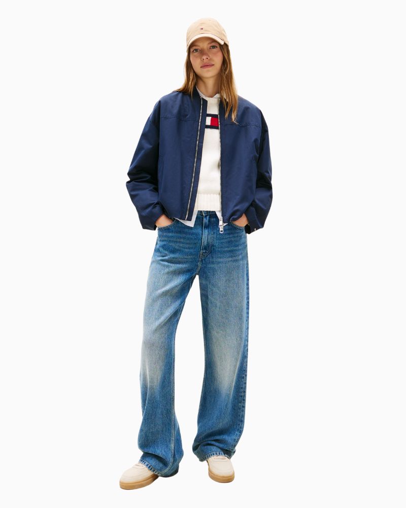 Front view of women's bomber jacket showing zip-through design and clean silhouette