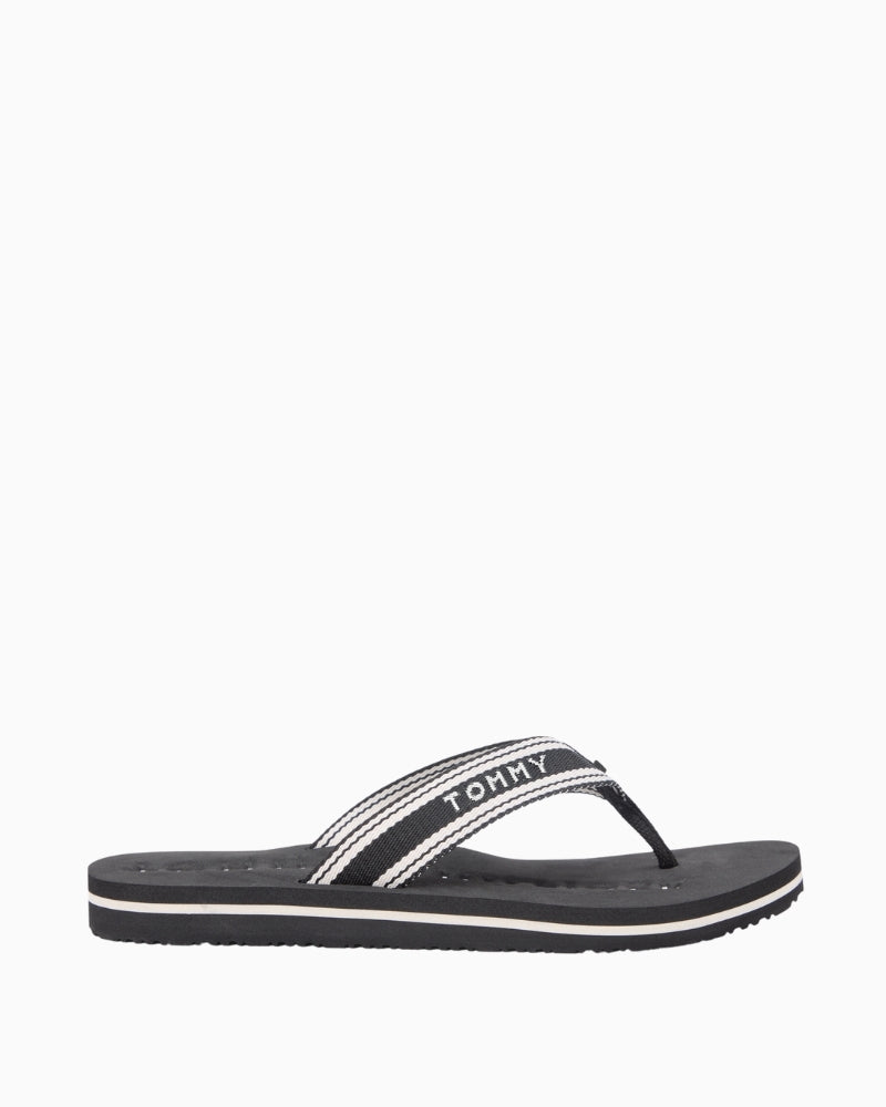 Black Tommy Hilfiger webbing summer sandal top view showing logo footbed – Áines Boutique