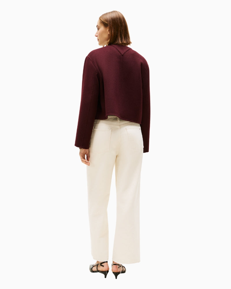 Back view of hip-length burgundy wool blend jacket