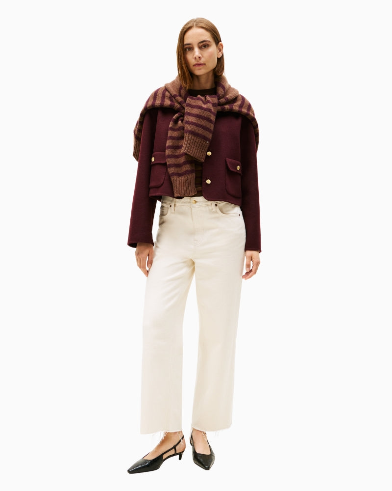 Front view of regular fit wool blend lady jacket in burgundy