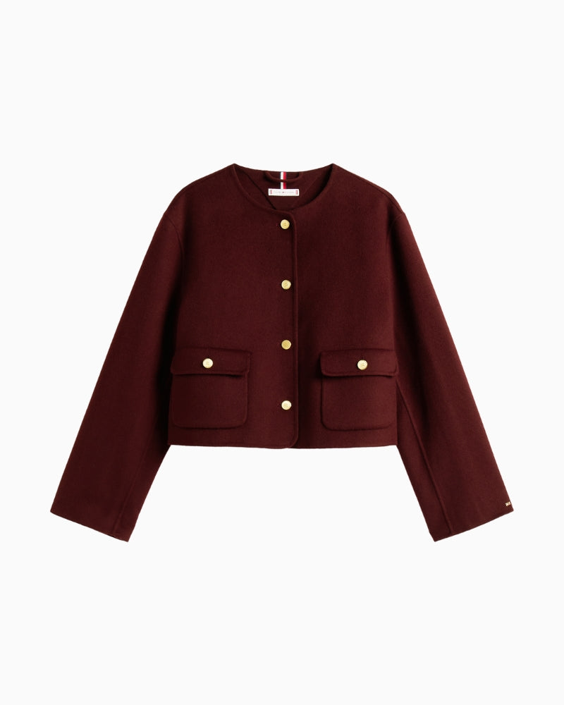Front view of regular fit wool blend lady jacket in burgundy