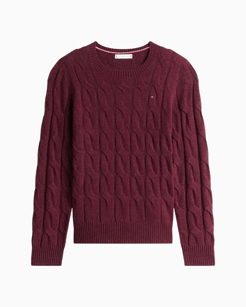 Front view of 100% wool jumper by Tommy Hilfiger in classic cable design