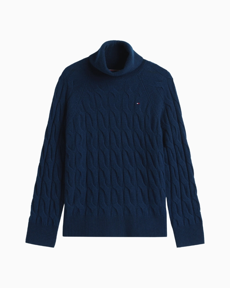 Front view of soft wool cable knit sweater with cosy high neckline