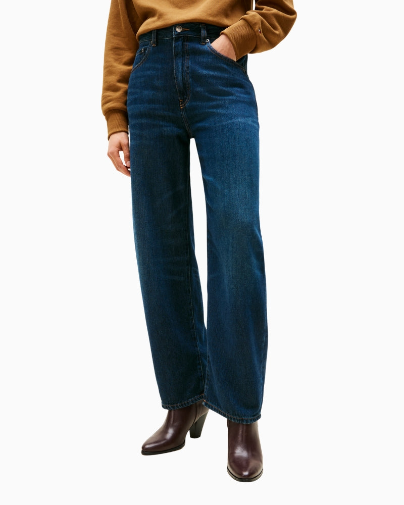 Tommy Hilfiger dark denim barrel leg jeans front view