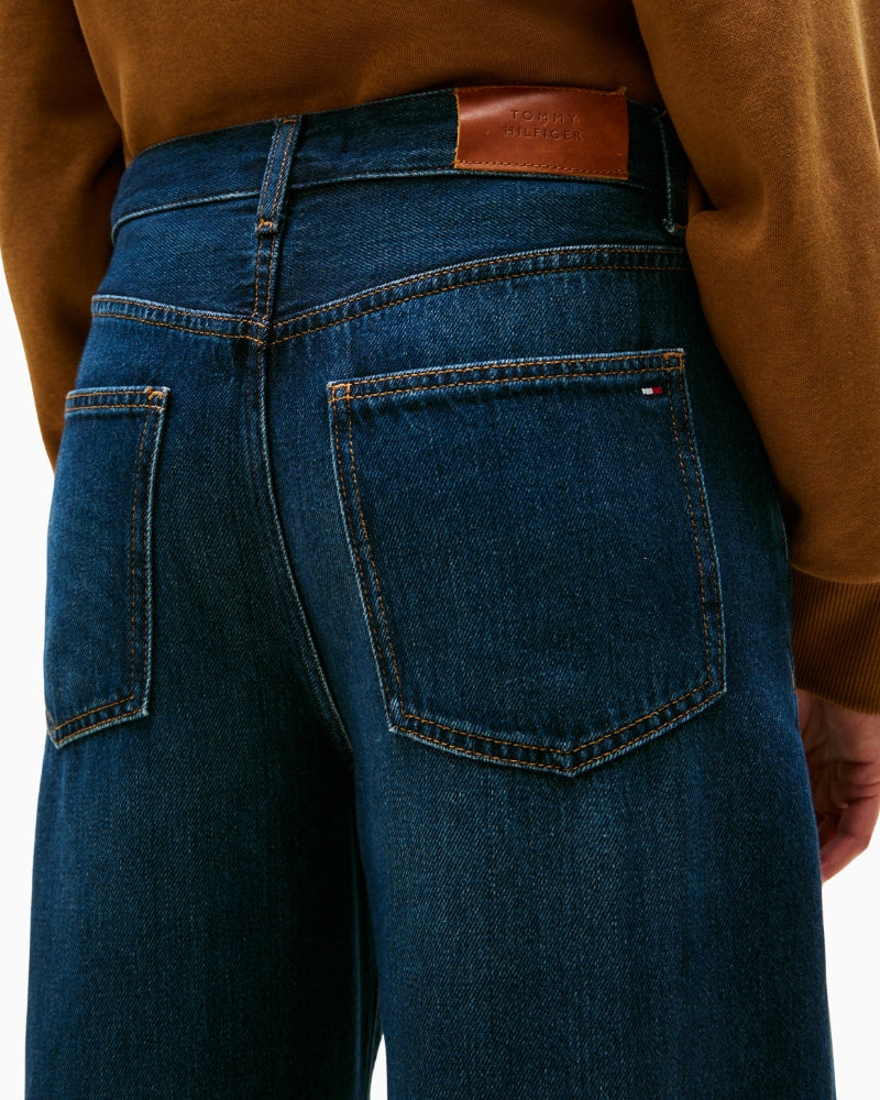 Close-up of back pockets on dark denim