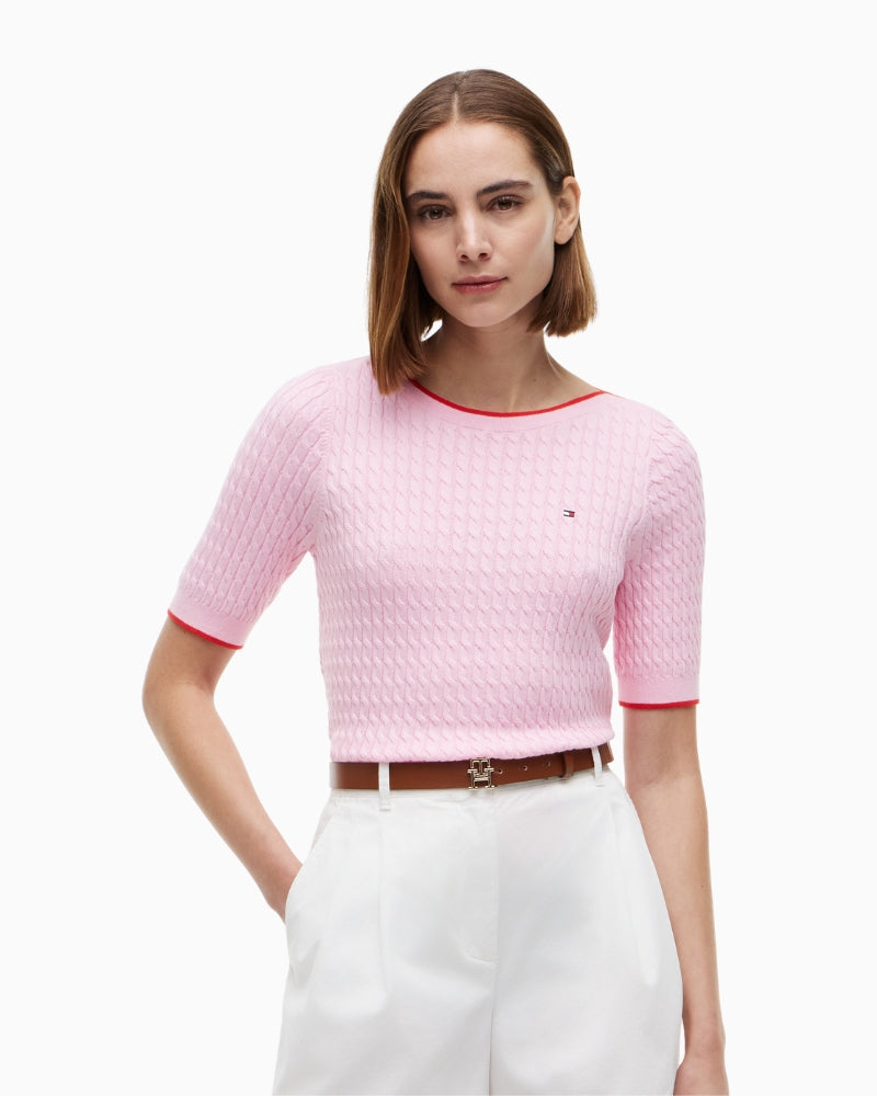 Tommy Hilfiger Cable Knit Boat Neck Top in pink front view