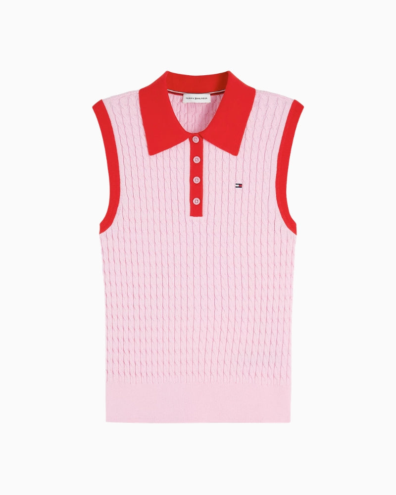 Tommy Hilfiger Cable Knit Sleeveless Polo Jumper in pink cable knit detail