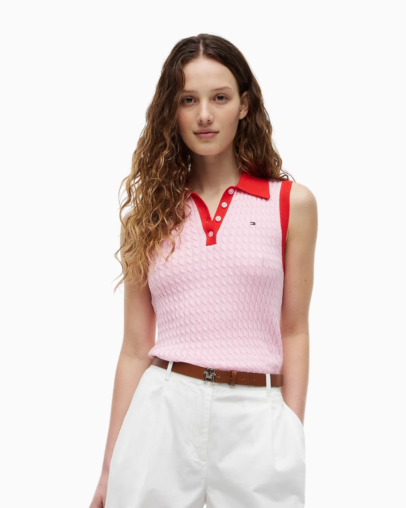 Tommy Hilfiger Cable Knit Sleeveless Polo Jumper in pink front view