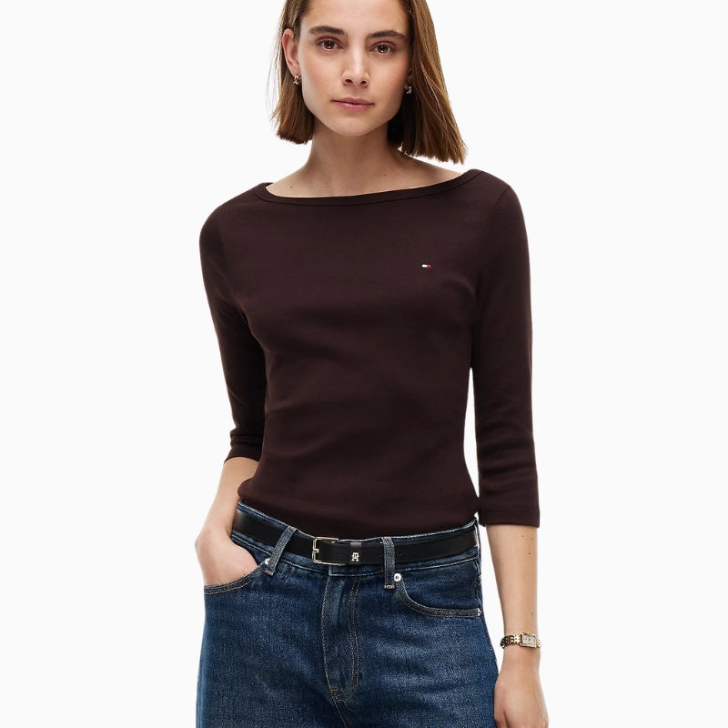 Tommy Hilfiger Cody Boat Neck 3/4 Sleeve Tee in Brown front view