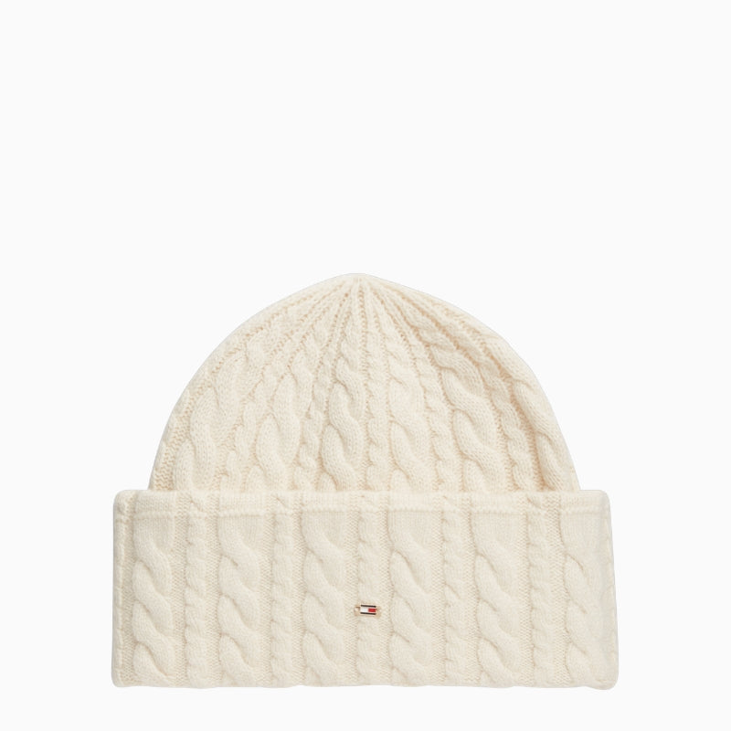 Tommy Hilfiger Enamel Flag Cable Beanie in Light Beige front view