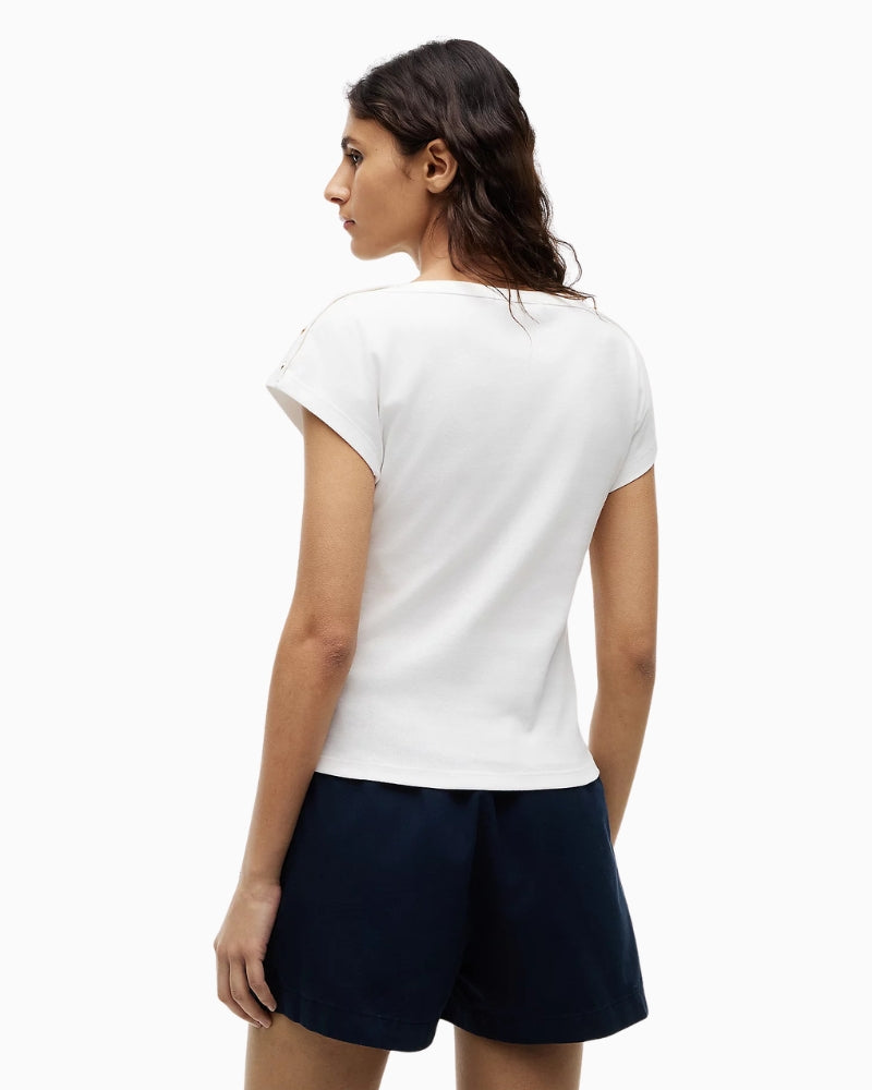 Tommy Hilfiger Gold-Tone Button Boat Neck T-Shirt in ecru back view