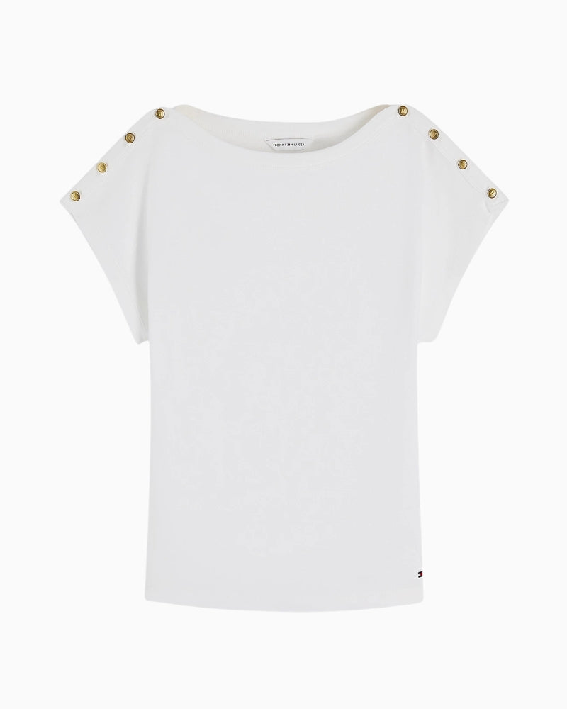 Tommy Hilfiger Gold-Tone Button Boat Neck T-Shirt in ecru neckline detail