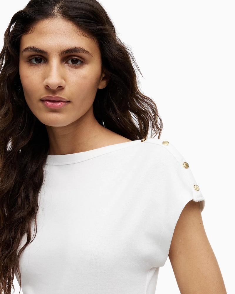 Tommy Hilfiger Gold-Tone Button Boat Neck T-Shirt in ecru shoulder button detail
