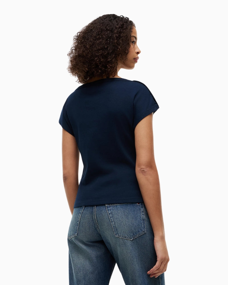 Tommy Hilfiger Gold-Tone Button Boat Neck T-Shirt in navy back view