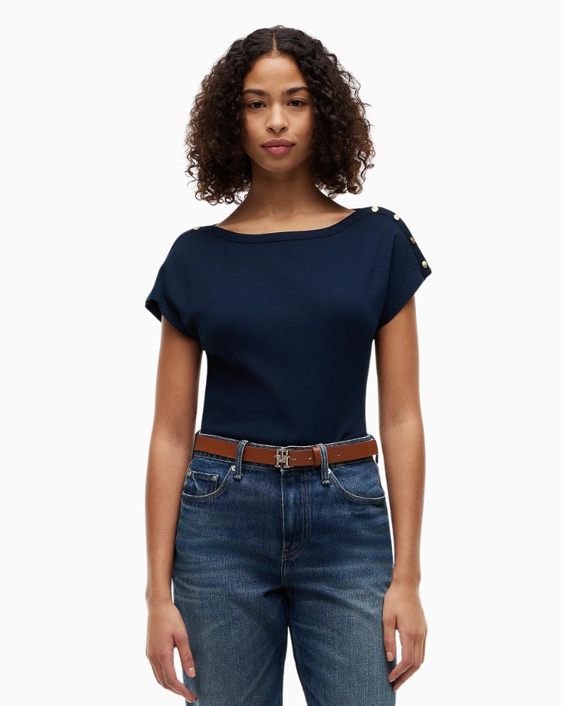 Tommy Hilfiger Gold-Tone Button Boat Neck T-Shirt in navy front view