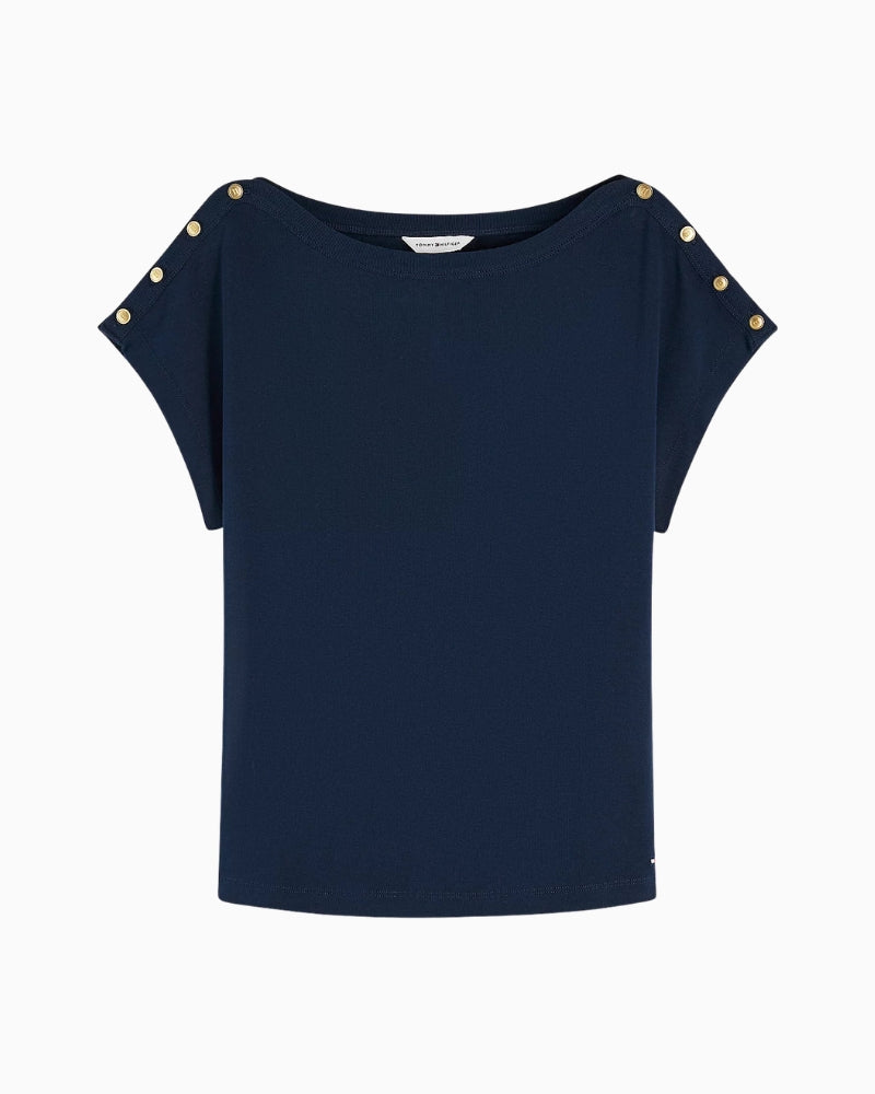 Tommy Hilfiger Gold-Tone Button Boat Neck T-Shirt in navy neckline detail