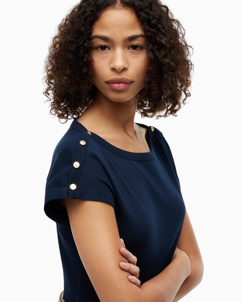 Tommy Hilfiger Gold-Tone Button Boat Neck T-Shirt in navy shoulder button detail