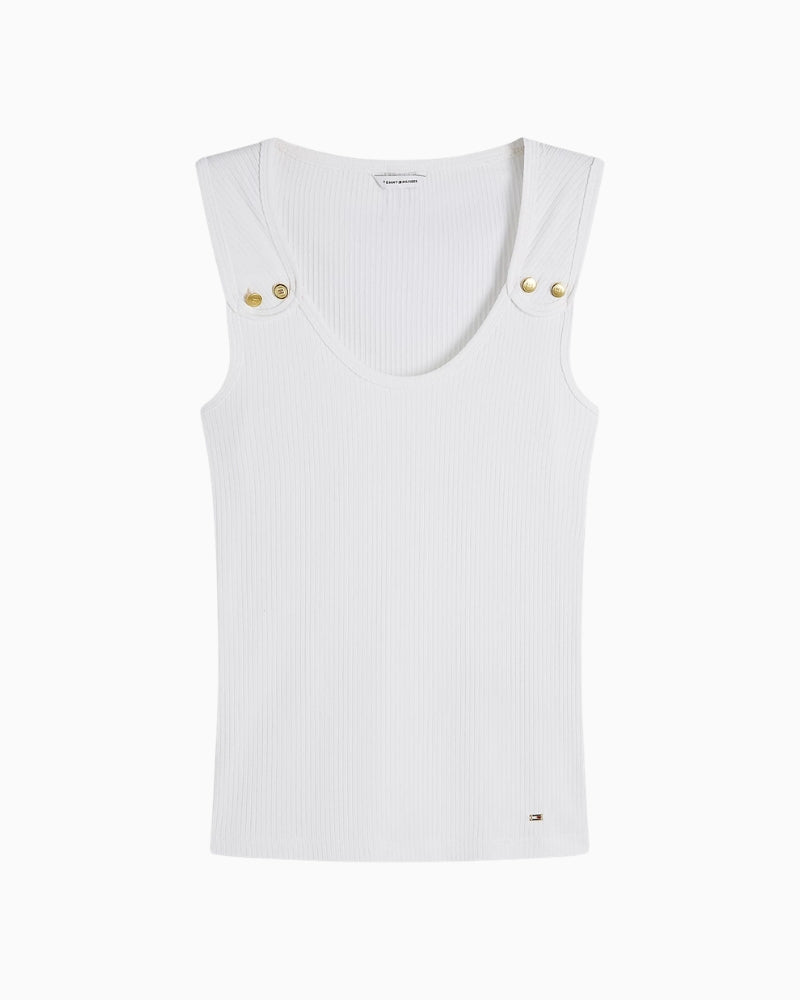 Tommy Hilfiger Gold-Tone Button Ribbed Tank Top in ecru neckline detail