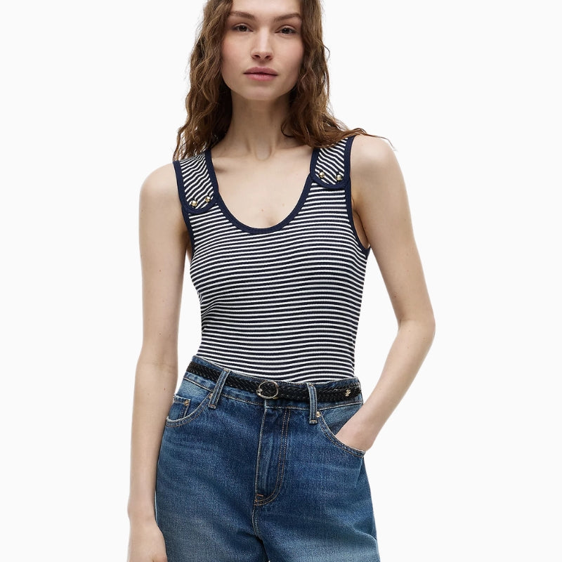 Tommy Hilfiger Gold-Tone Button Ribbed Tank Top in navy stripe neckline detail