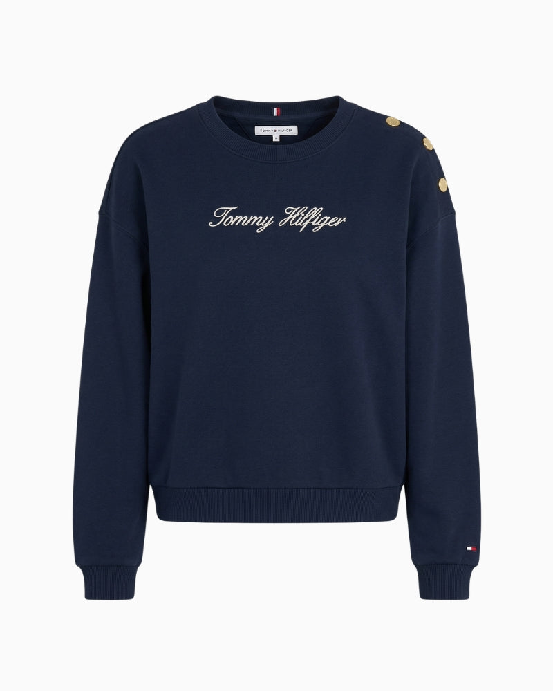 Tommy Hilfiger Gold Button Script Terry Sweatshirt navy front view