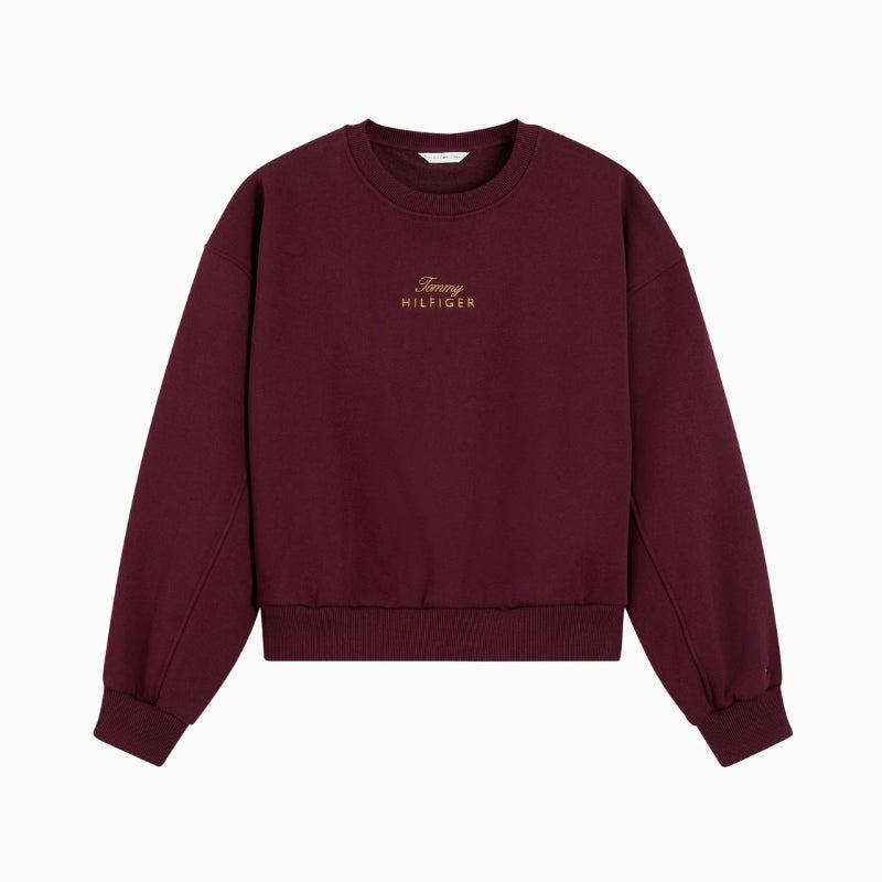 Tommy Hilfiger Gold Script Fleece Relax Sweater in Burgundy front view