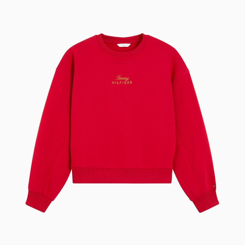 Tommy Hilfiger Gold Script Fleece Relax Sweater in Red front view