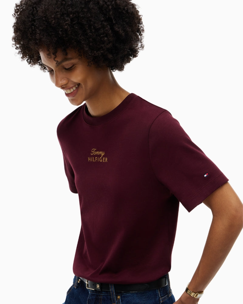 Tommy Hilfiger Gold Script Modern Tee in Burgundy chest detail