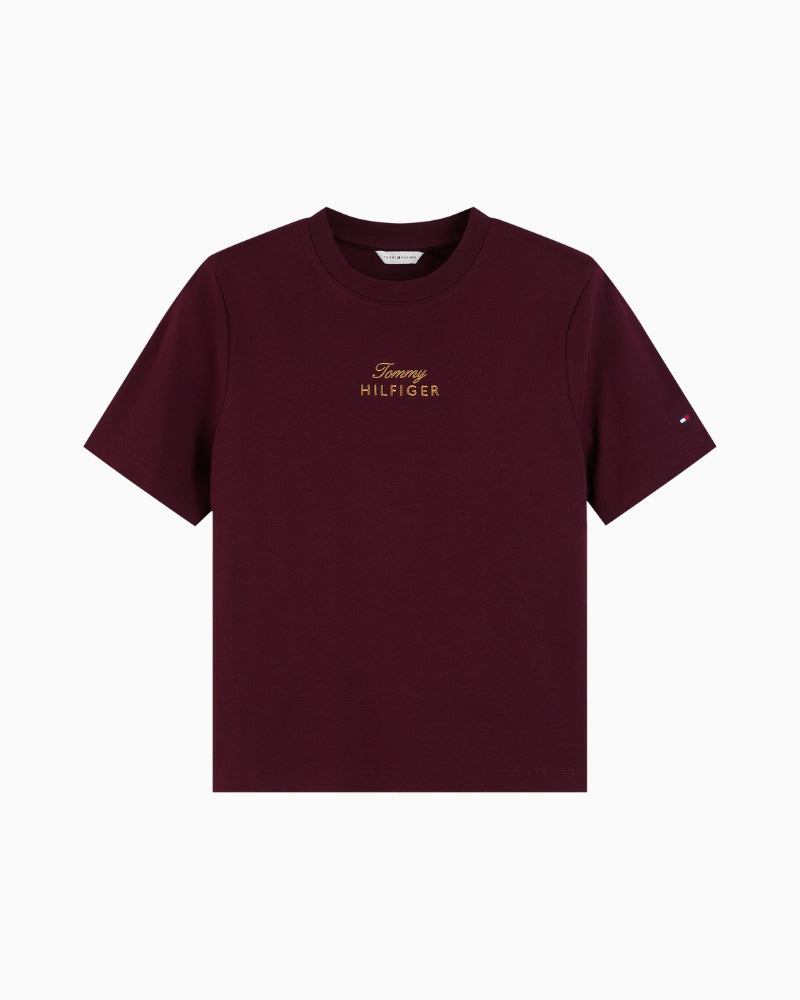 Tommy Hilfiger Gold Script Modern Tee in Burgundy fabric detail