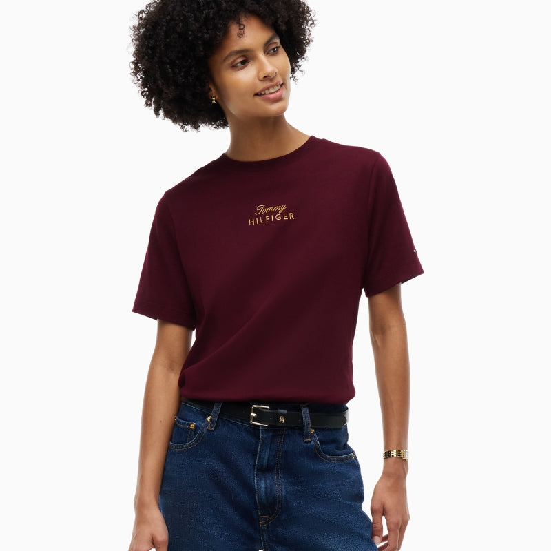 Tommy Hilfiger Gold Script Modern Tee in Burgundy front view