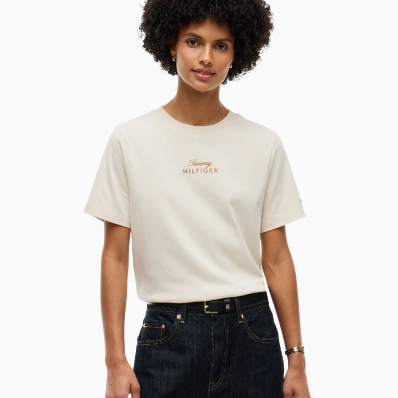 Tommy Hilfiger Gold Script Modern Tee in Light Beige front view