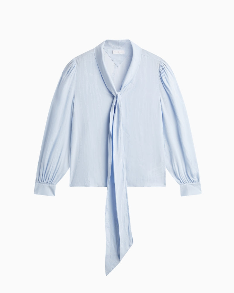 Tommy Hilfiger Jacquard Feminine Bow Shirt in Sky Blue jacquard fabric close-up