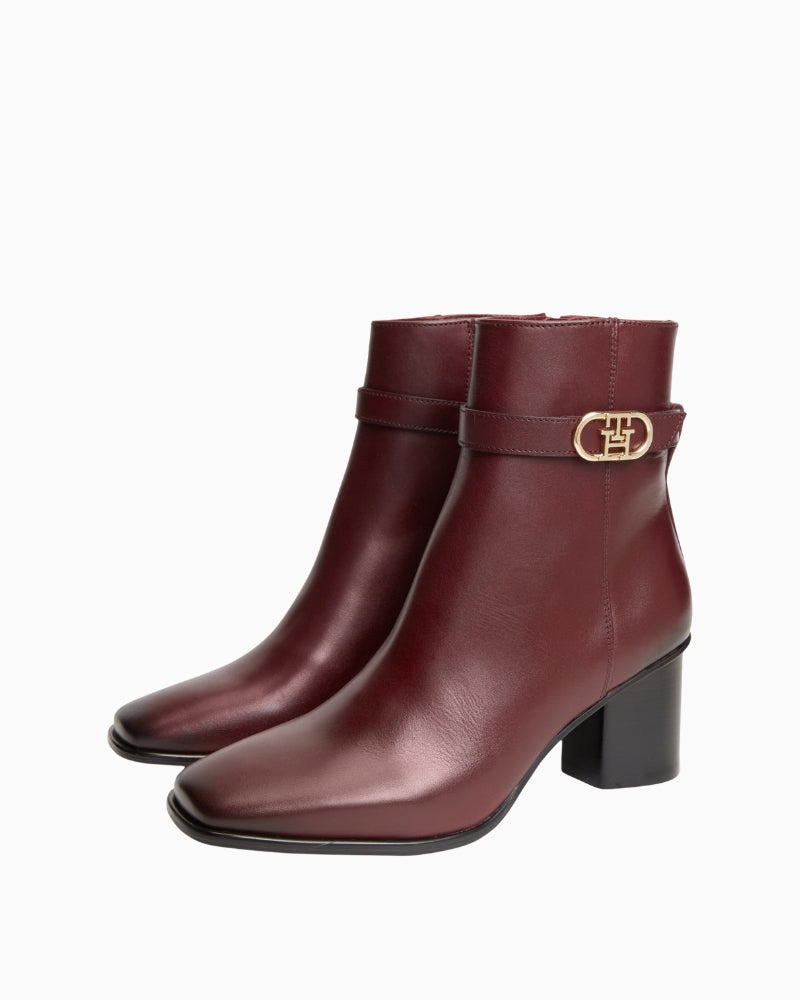 Tommy Hilfiger Leather Block Heel Boot in Burgundy front view