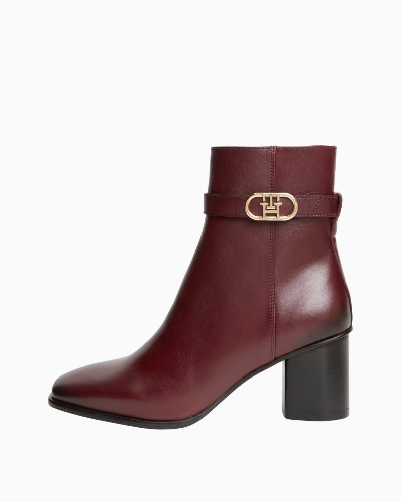 Tommy Hilfiger Leather Block Heel Boot in Burgundy side view