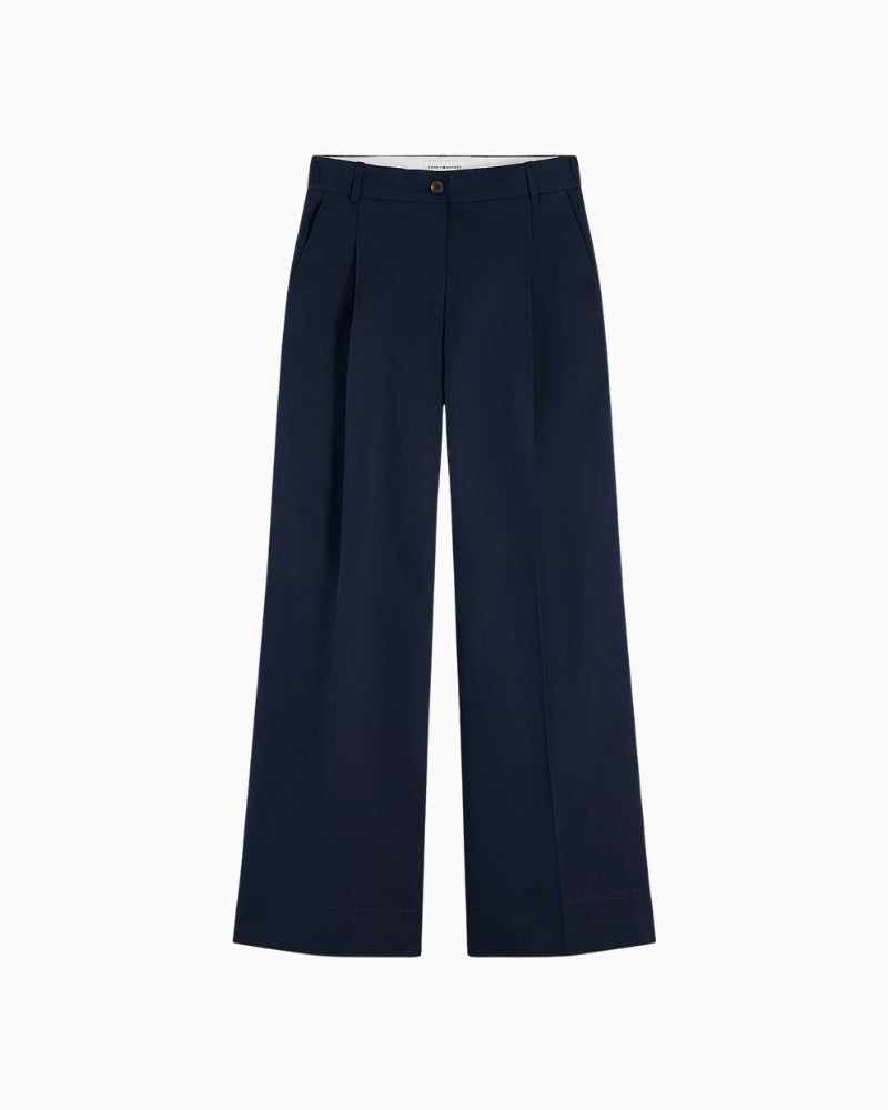 Tommy Hilfiger Logo Embroidery Wide Leg Chinos in navy crease detail