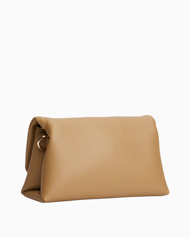 Back view of camel crossbody showing smooth, clean design