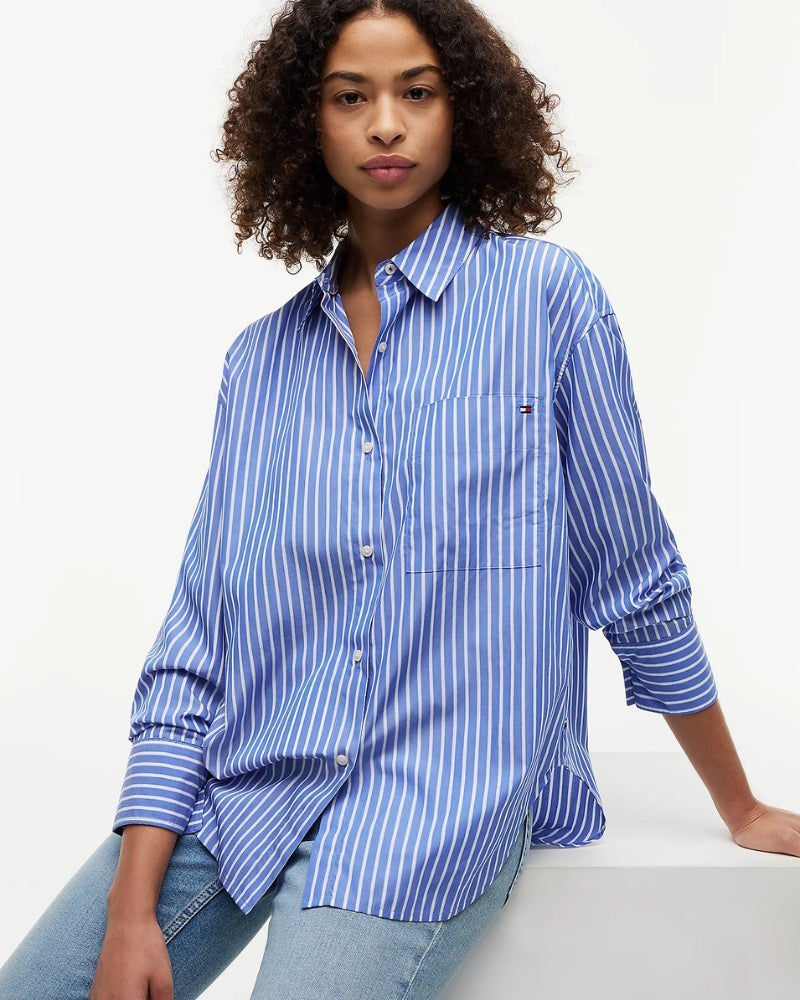 Tommy Hilfiger Oversized Stripe Poplin Shirt in Blue Stripe collar detail