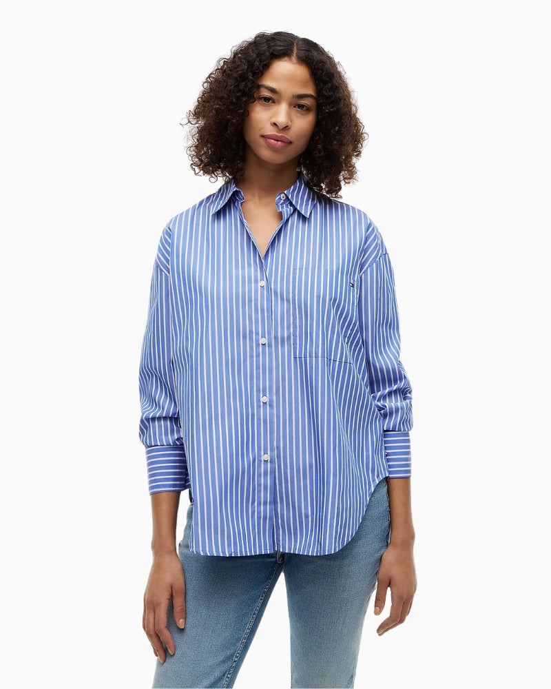 Tommy Hilfiger Oversized Stripe Poplin Shirt in Blue Stripe front view
