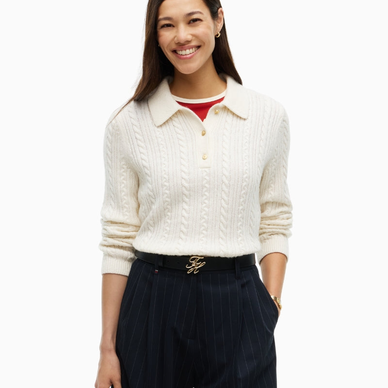 Tommy Hilfiger Polo Cable Sweater in Ivory front view