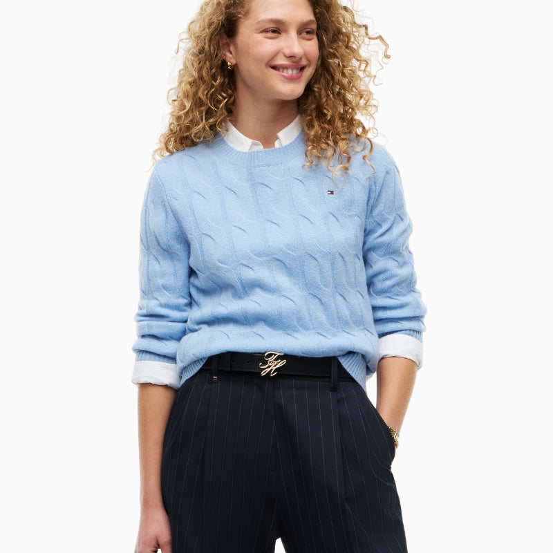 Tommy Hilfiger Pure Soft Wool Cable Knit Jumper in Light Blue front view