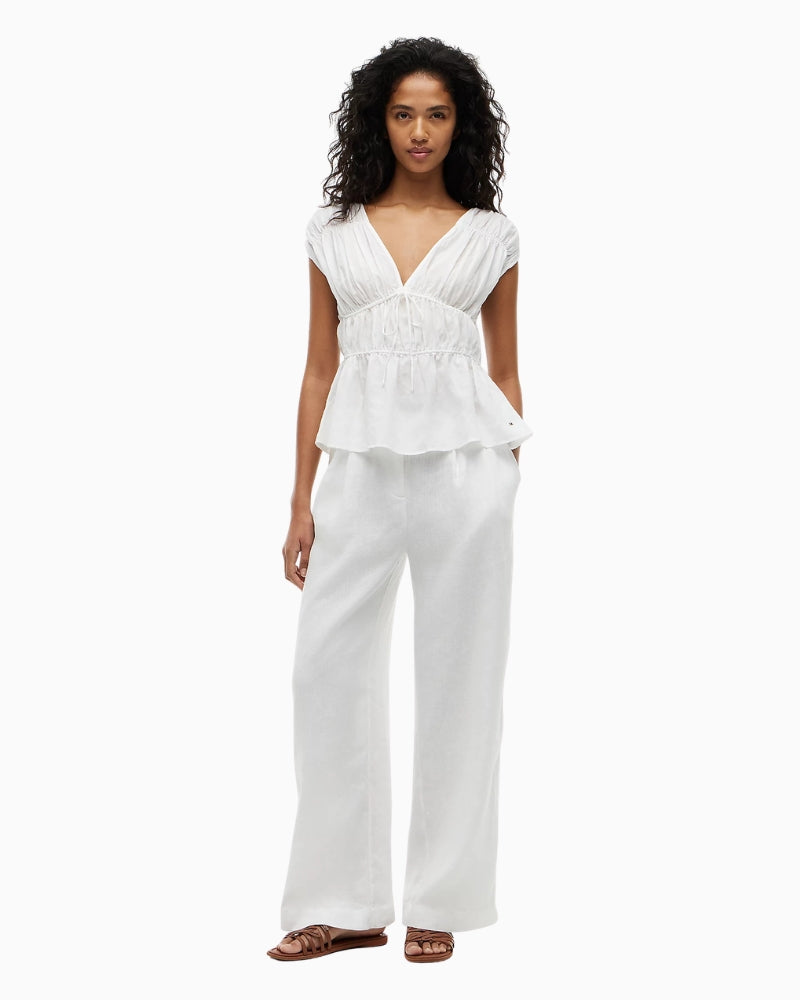 Tommy Hilfiger Regular Fit Sleeveless Smock Blouse With Linen in white front view