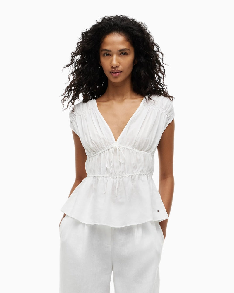 Tommy Hilfiger Regular Fit Sleeveless Smock Blouse With Linen in white smock detail