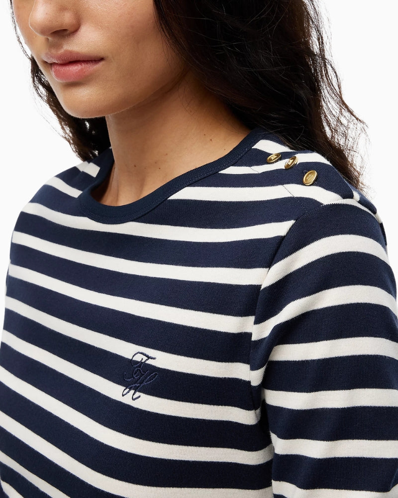 Tommy Hilfiger Script Slim Gold Long Sleeve T-Shirt in Navy Stripe gold-tone shoulder button detail