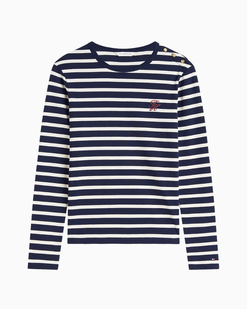 Tommy Hilfiger Script Slim Gold Long Sleeve T-Shirt in Navy Stripe script logo embroidery on chest