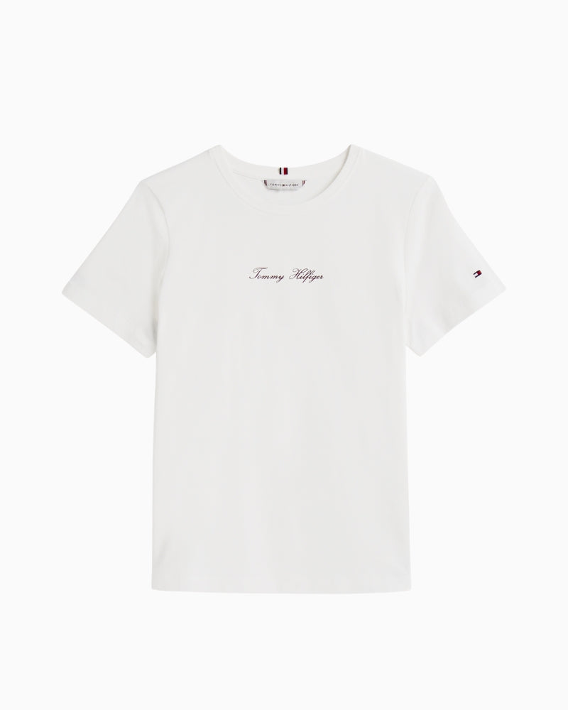 Flat lay front view of cotton tee with TH classic logo