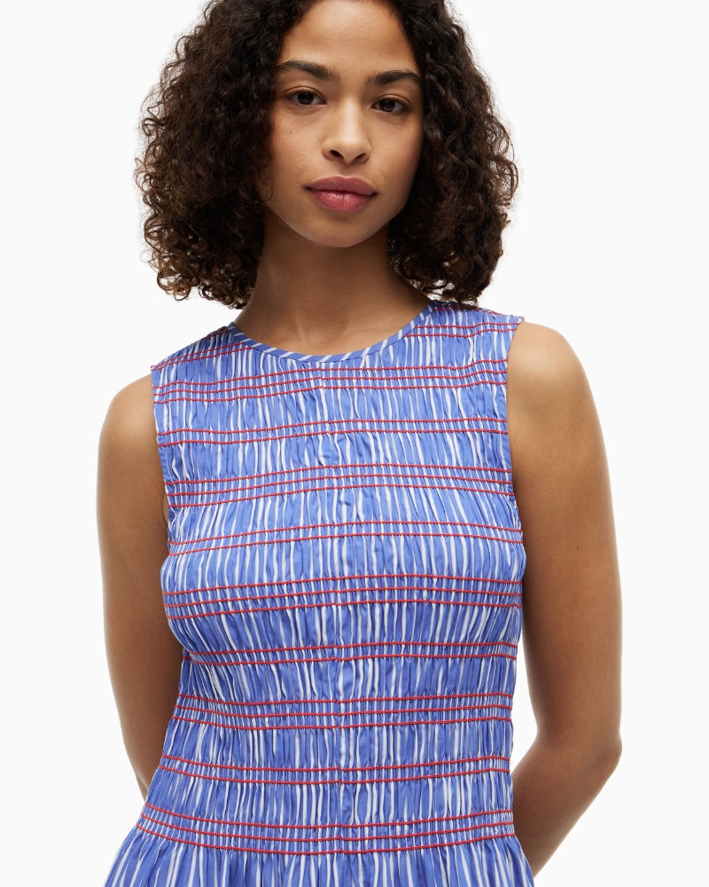 Tommy Hilfiger Smocked Stripe Sleeveless Midi Dress in blue close up detail