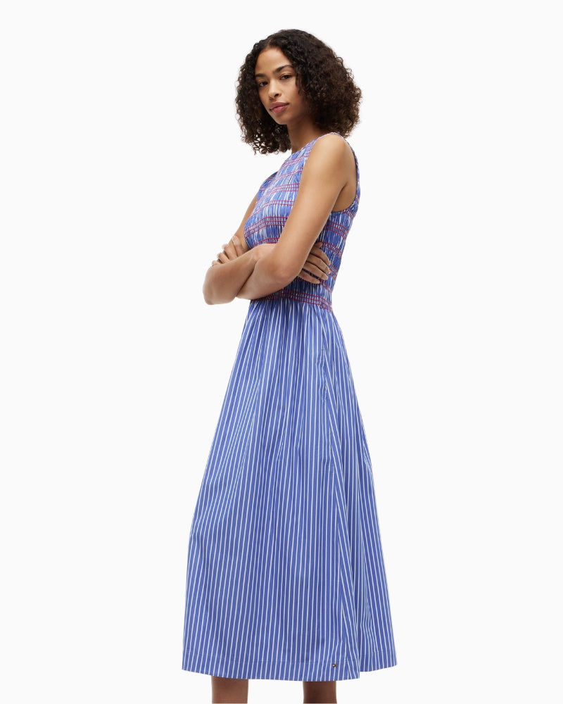 Tommy Hilfiger Smocked Stripe Sleeveless Midi Dress in blue side view