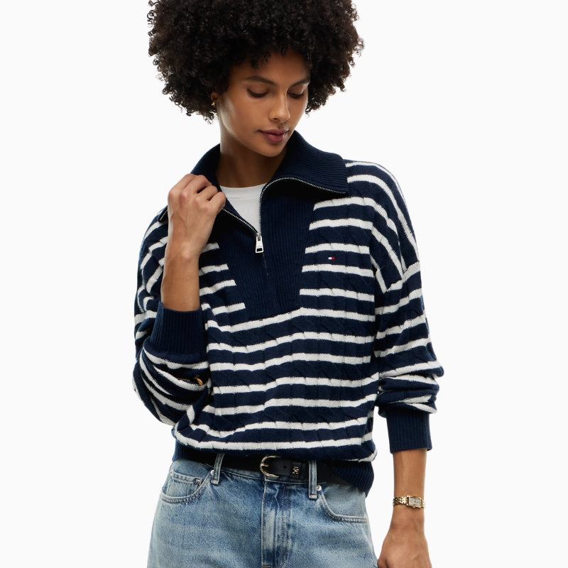 Tommy Hilfiger Soft Wool Cable 1/2 Zip Sweater in Navy Stripe front view