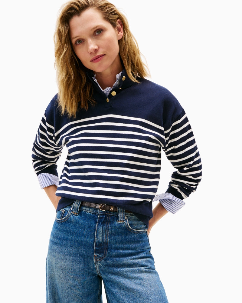 Navy and white striped knit sweater with gold button detail by Tommy Hilfiger