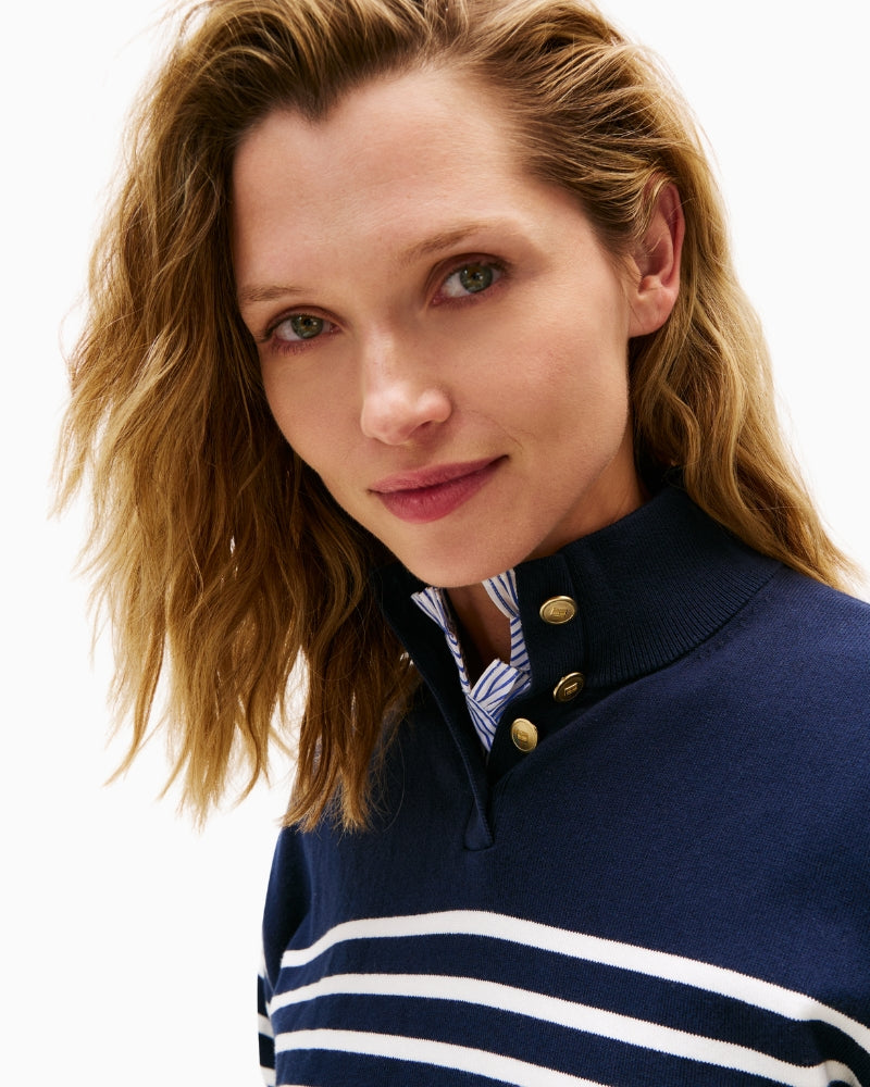 Detail shot of gold button accents on the shoulder of the Tommy Hilfiger sweater